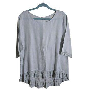 Dylan Pale Mint Green 100% Linen Bohemian High Low Lace Trim Top Size L